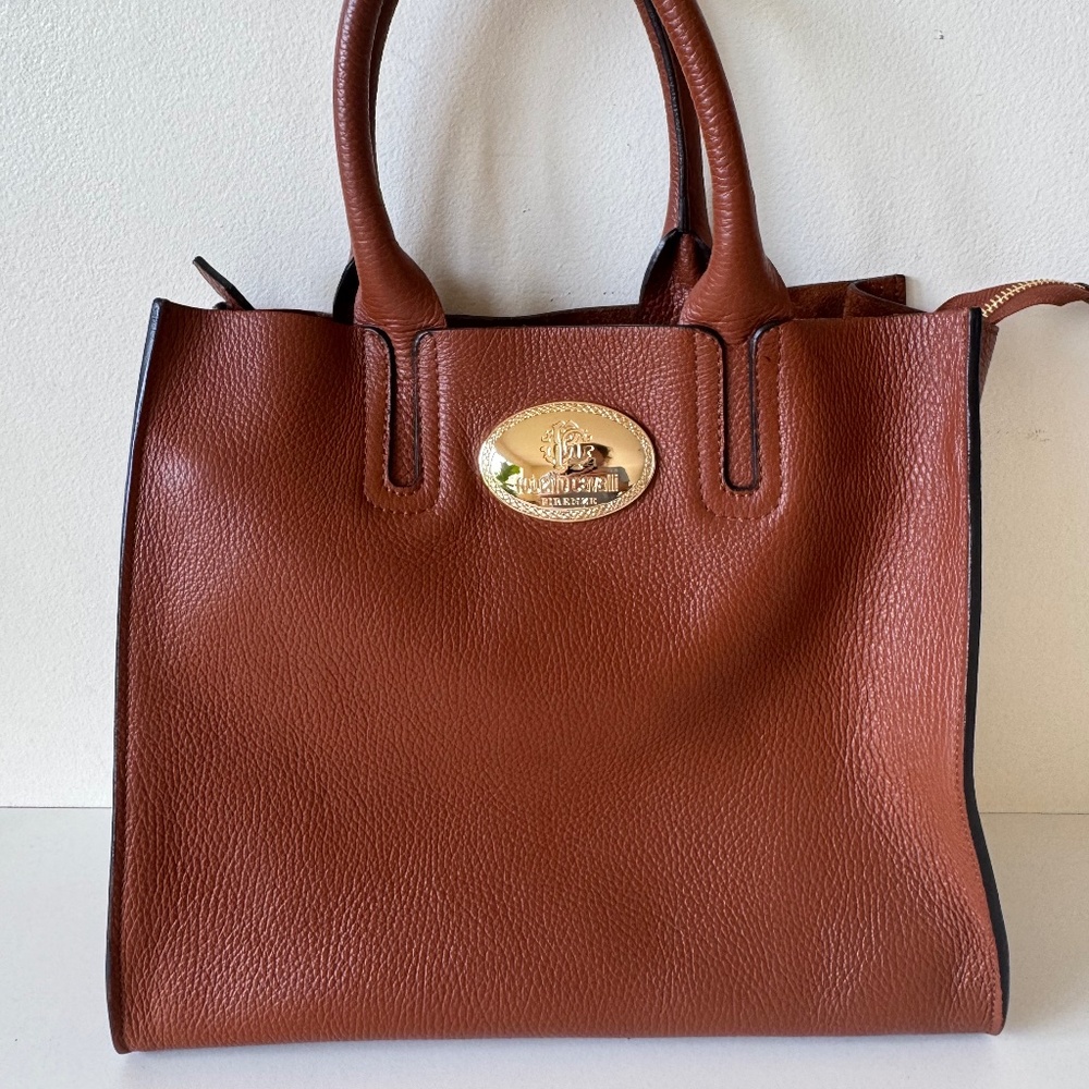 Roberto Cavalli Pebbled Brown Leather Tote Bag New Gold Hardware